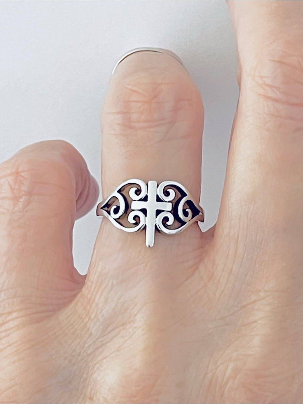 Sterling Silver Medieval Cross Ring, Swirl Heart Silver Rings, Religious Jewelry